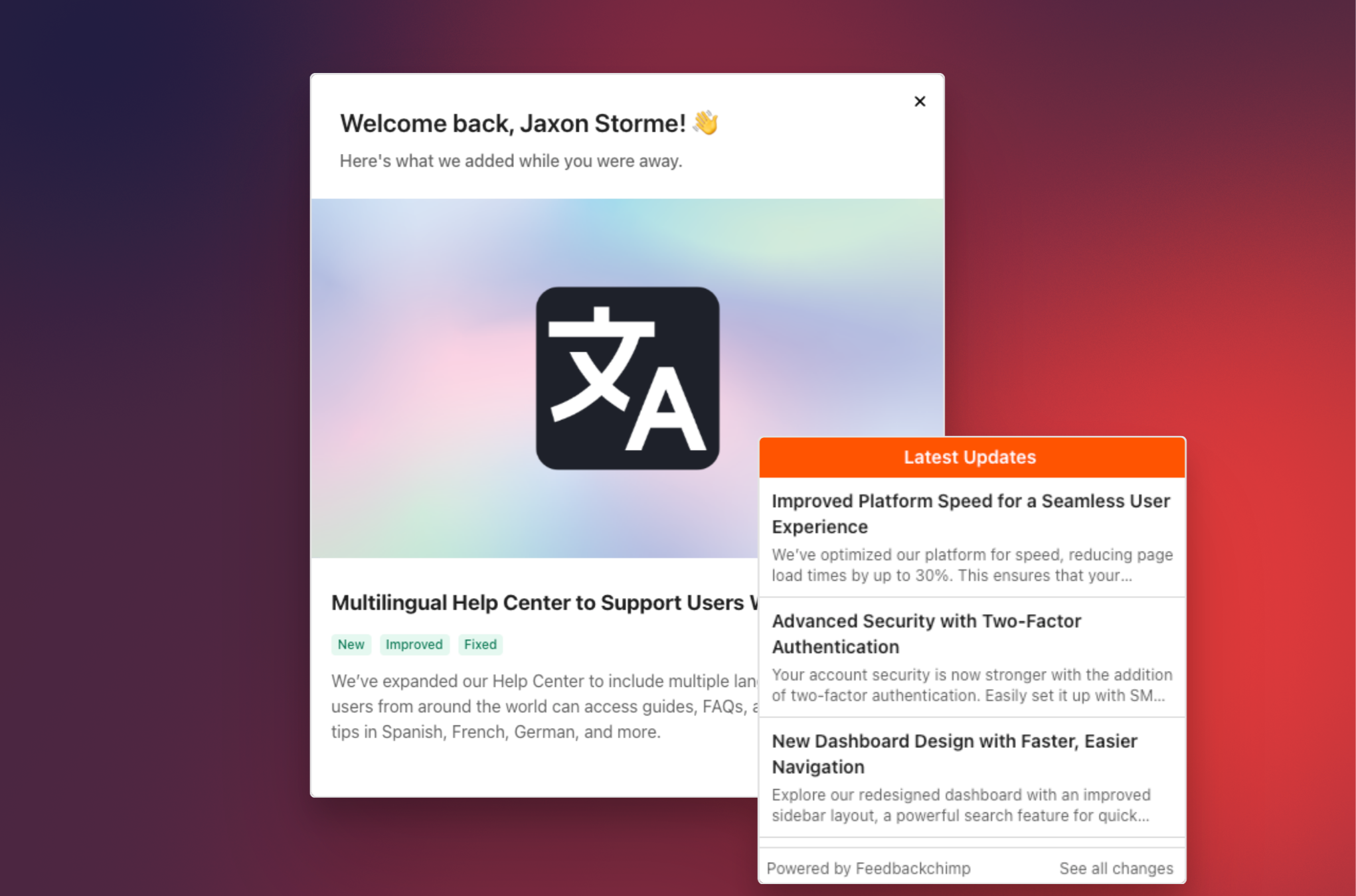 Changelog widget & popup